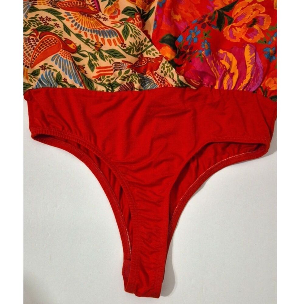 FARM Rio Floral Patchwork Bodysuit Small Red Tropical Boho Surplice Cami - Picture 14 of 14